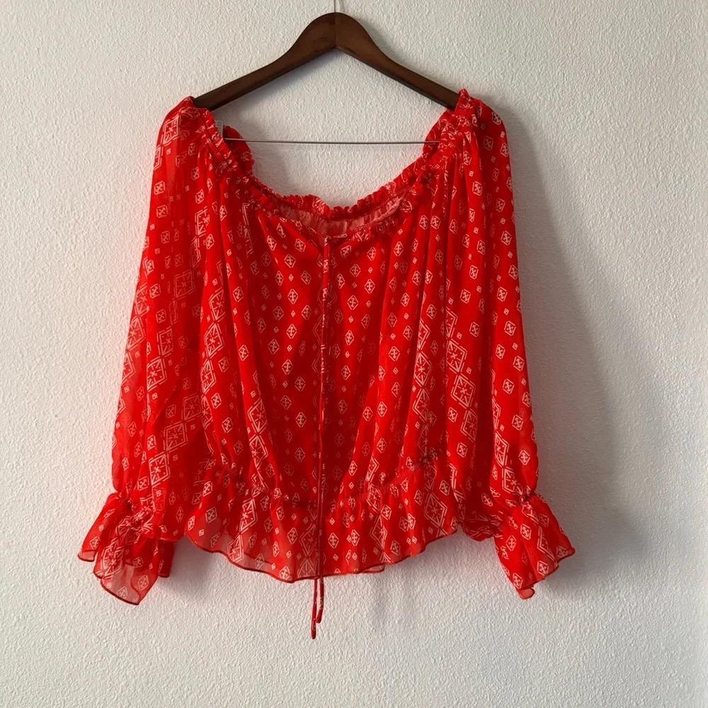 Off The Shoulder Long Sleeve Casual Summer Printed Tunic Shirt Blouse Top Red XL - Picture 2 of 11